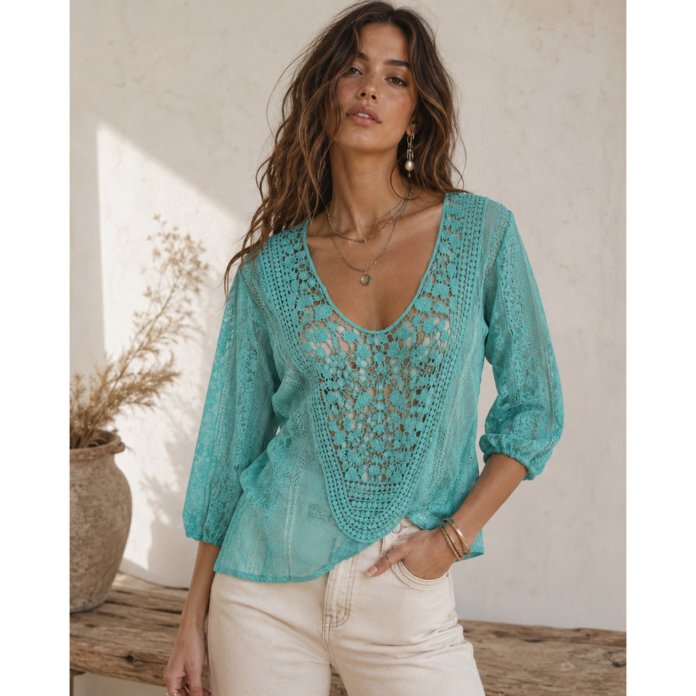 Women's Crochet Top Sheer Medium Aqua Coastal Boho Open Knit Tunic